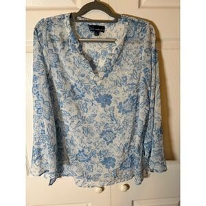 Susan Graver Style Blue White Floral Toile Metallic Chiffon Blouse Top Large